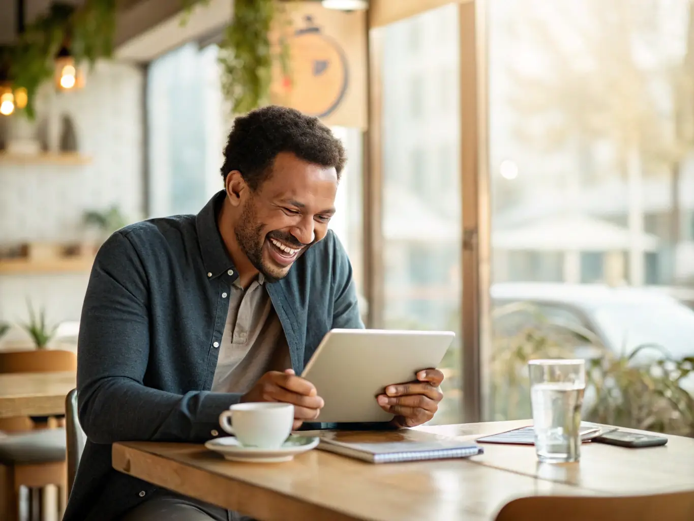 A modern Italian café owner reviewing a custom website design on a laptop and smartphone, showing a responsive layout with café branding and menu highlights, used to illustrate PIXELIA’s bespoke design approach.