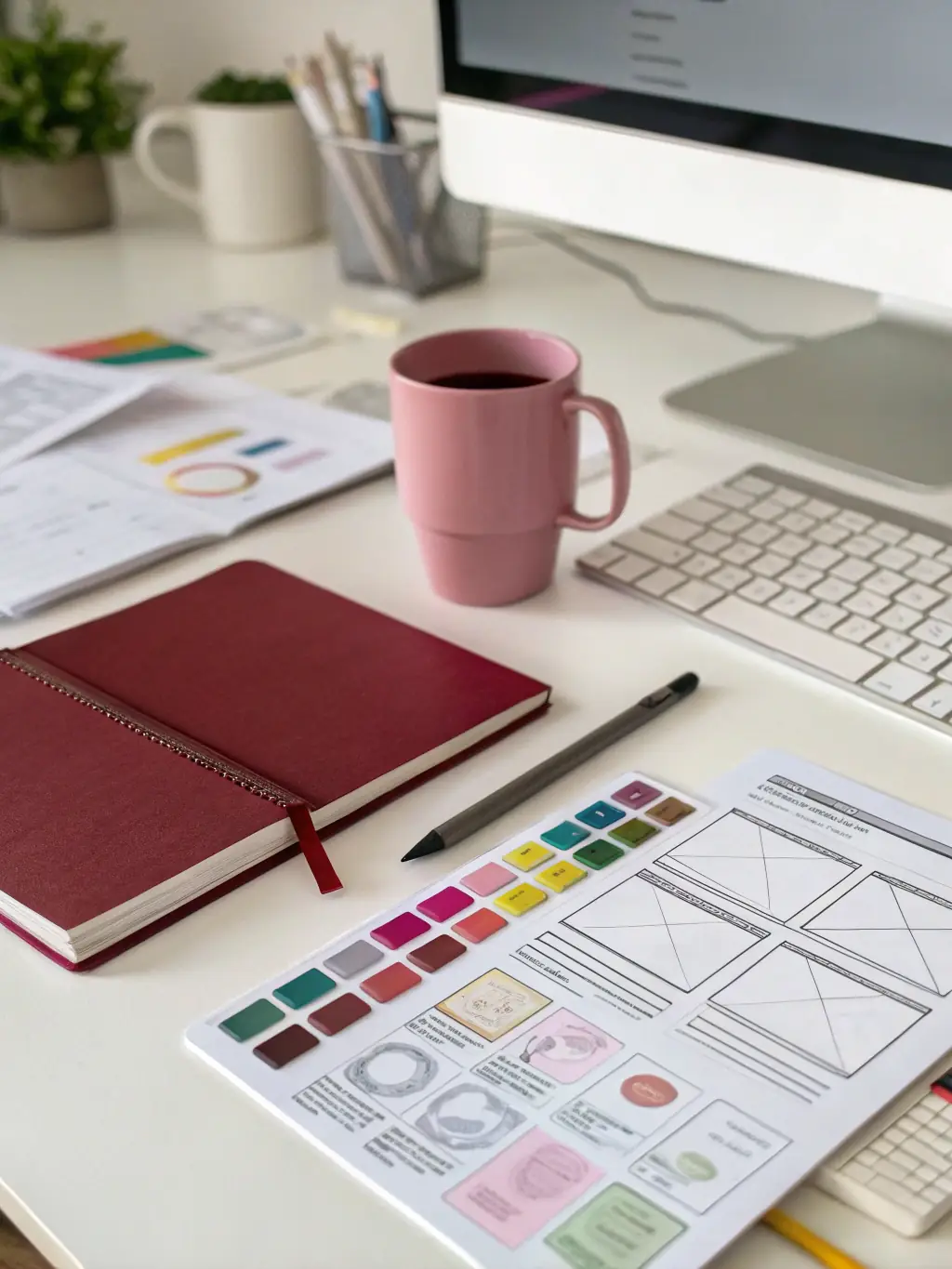 A clean, modern workspace with a designer sketching website layouts on a tablet, surrounded by color swatches and coffee, representing creative website design for local businesses.