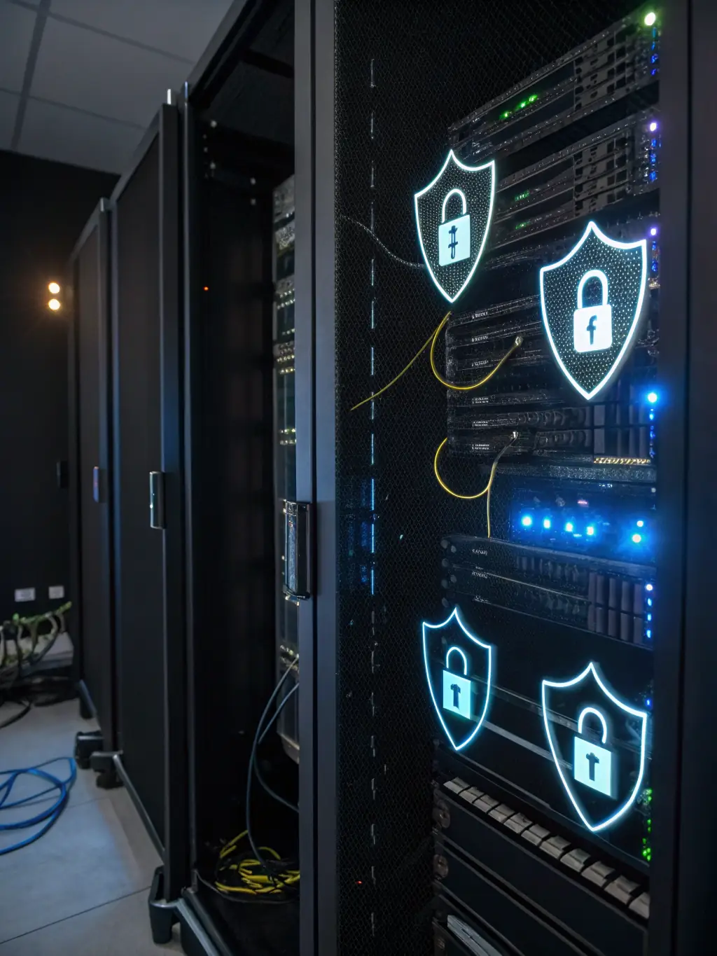 A secure server rack with digital dashboard, shield icons, and maintenance tools, representing reliable hosting and ongoing website care for small businesses.