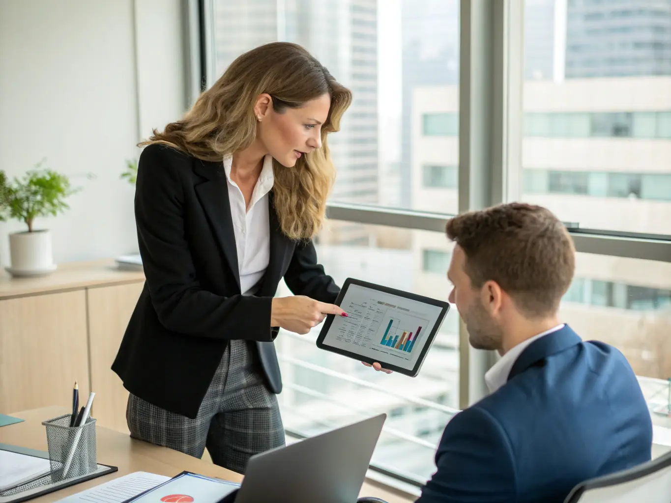 A PIXELIA team member discussing transparent pricing and support with a local business owner in a bright, modern office, used to convey trust and ongoing assistance.
