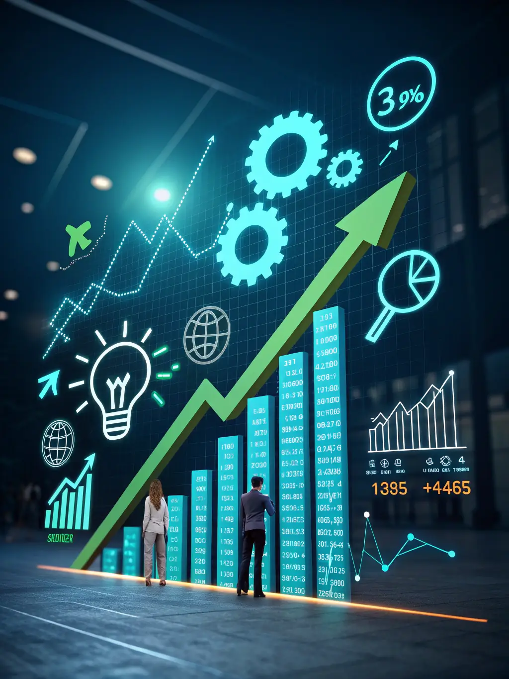 Graphs, upward arrows, and digital marketing icons on a clean background, symbolizing business growth, analytics, and increased online visibility for local companies.