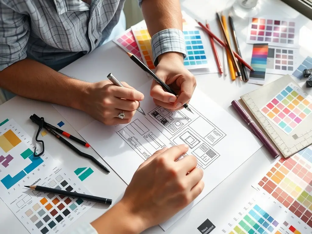 A close-up photo of a designer sketching a unique website layout on paper, with a laptop and color palette on a clean, modern desk, representing custom web design for Italian businesses.