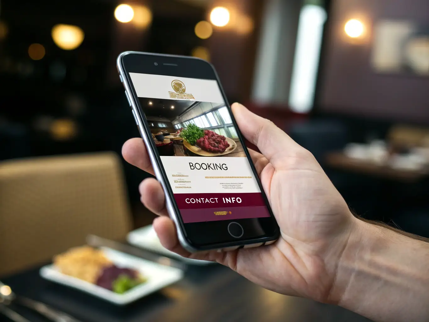 A hand holding a smartphone displaying a restaurant website with clear navigation, fast loading, and mobile-optimized visuals, used to demonstrate PIXELIA’s mobile-first philosophy.