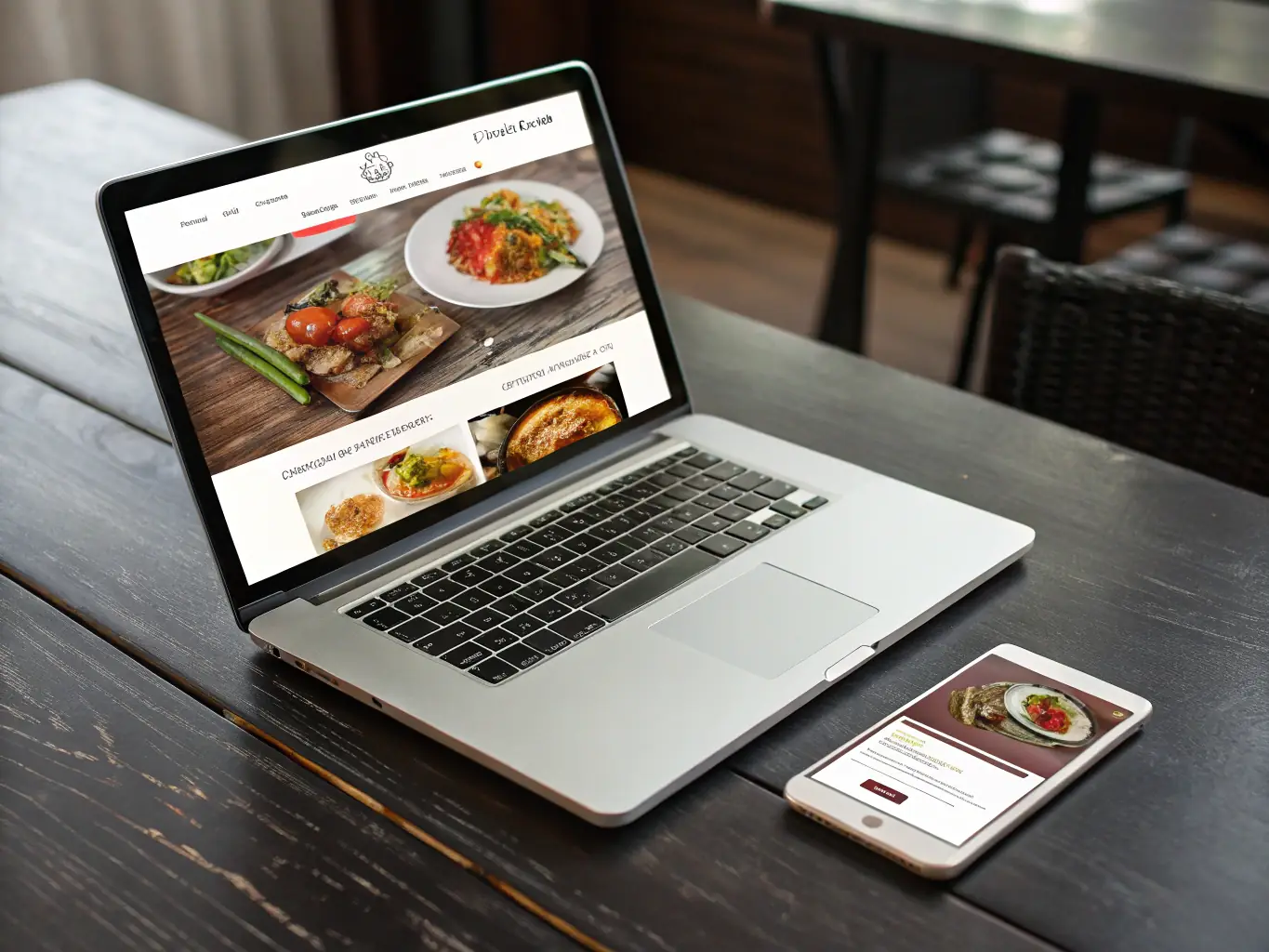 A smartphone and tablet displaying a beautifully responsive restaurant website, with crisp images and readable text, set on a café table in natural daylight, illustrating mobile-first web design.