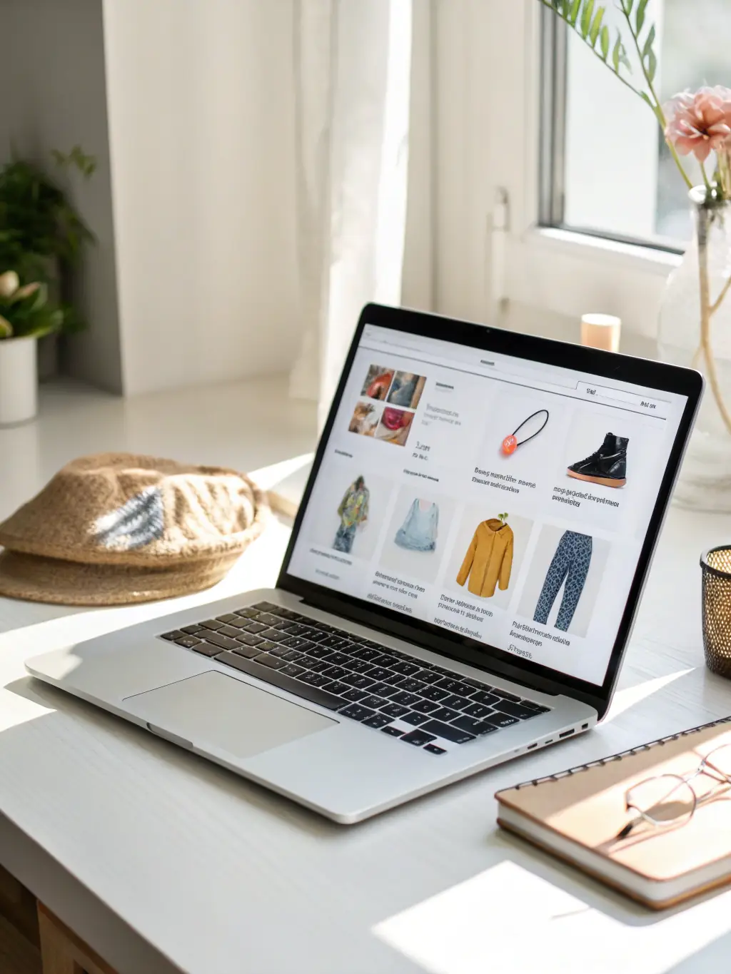A stylish boutique owner managing products on a laptop, with shopping bags and a digital storefront visible, illustrating e-commerce solutions for small shops and retailers.