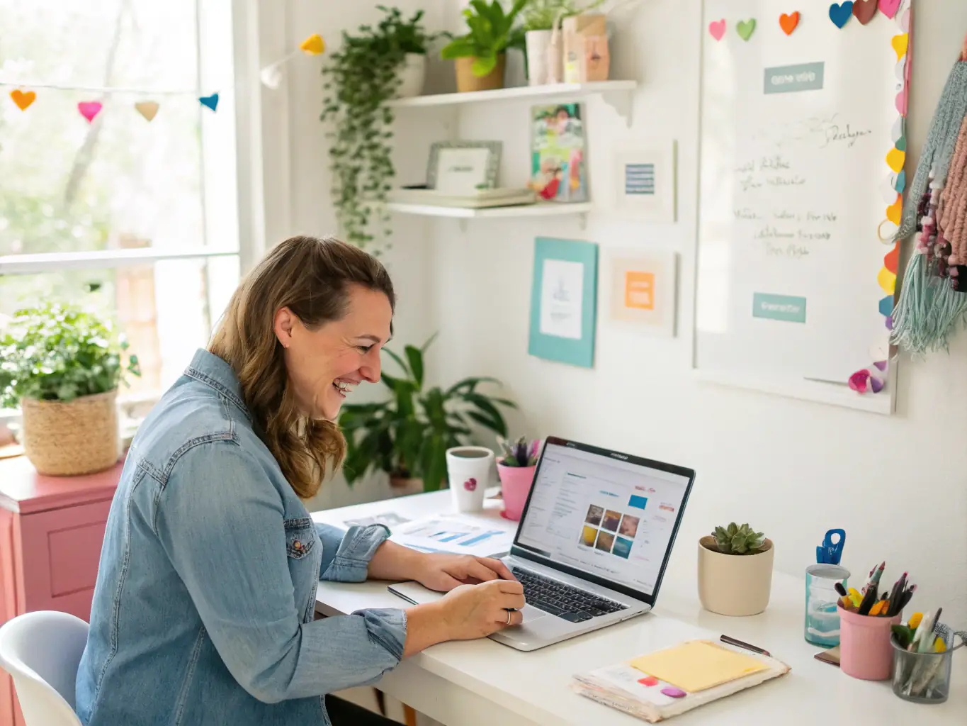 A cheerful PIXELIA team member speaking directly with a small business owner in a bright office, both smiling and reviewing a website preview on a laptop, symbolizing direct support and transparent pricing.
