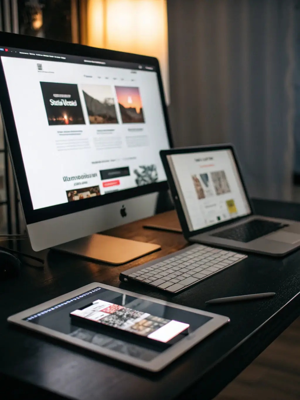 A sleek, modern website layout displayed on a desktop, tablet, and smartphone, emphasizing responsive design and a clean, minimal Italian aesthetic for a web agency homepage.