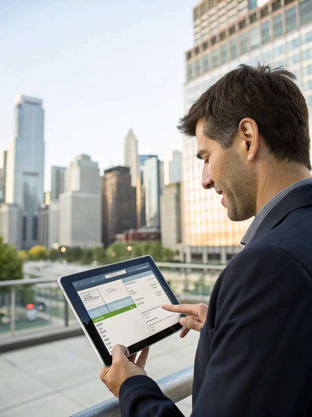 A business owner reviewing analytics on a smartphone, with upward graphs and social media icons, representing digital growth and marketing strategies.